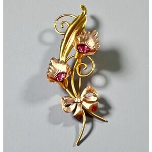 Vintage Van Dell 1/20 12k Gold Filled Flower Brooch Pink Rhinestones Beautiful